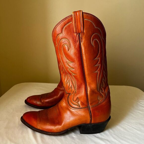 Vintage Tony Lama Men's 10.5D Western Cowboy Boots 6123 Orange Leather USA Made - Picture 5 of 13